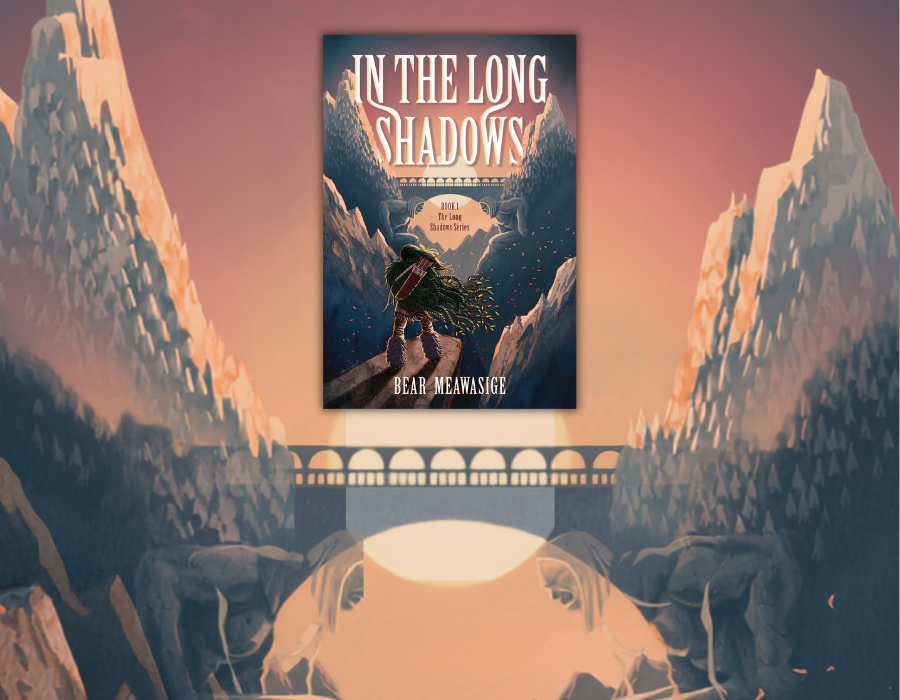 Book cover for 'In the Long Shadows' by Bear Meawasige, displayed as a floating rectangular product against a stylized illustrated mountain landscape with a bridge held up by two stone giants.