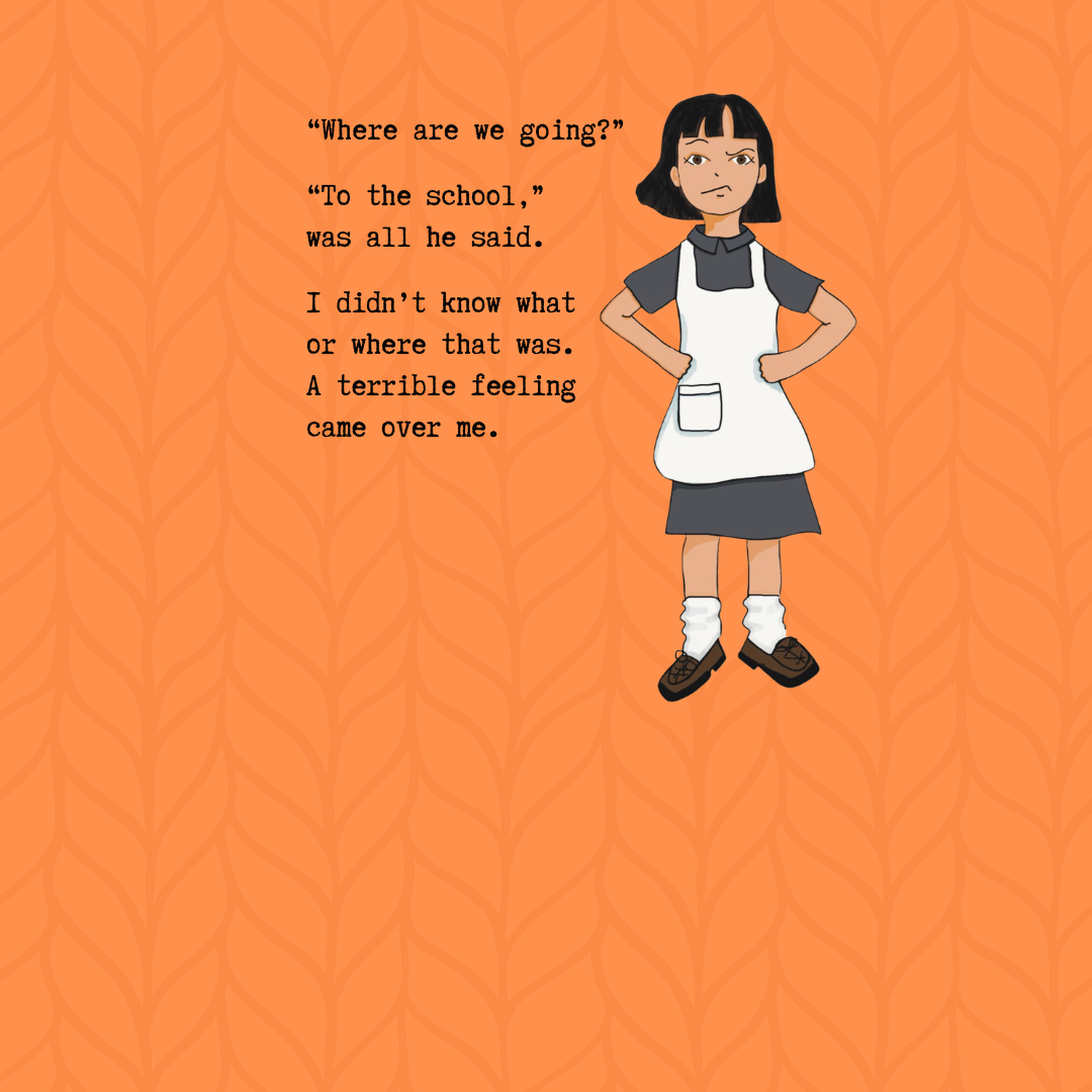 An illustrated scene with a girl standing on the right and a block of text on the left against an orange patterned background. The girl has dark hair, wears a white apron over a dark gray top and skirt, white socks, and dark shoes.